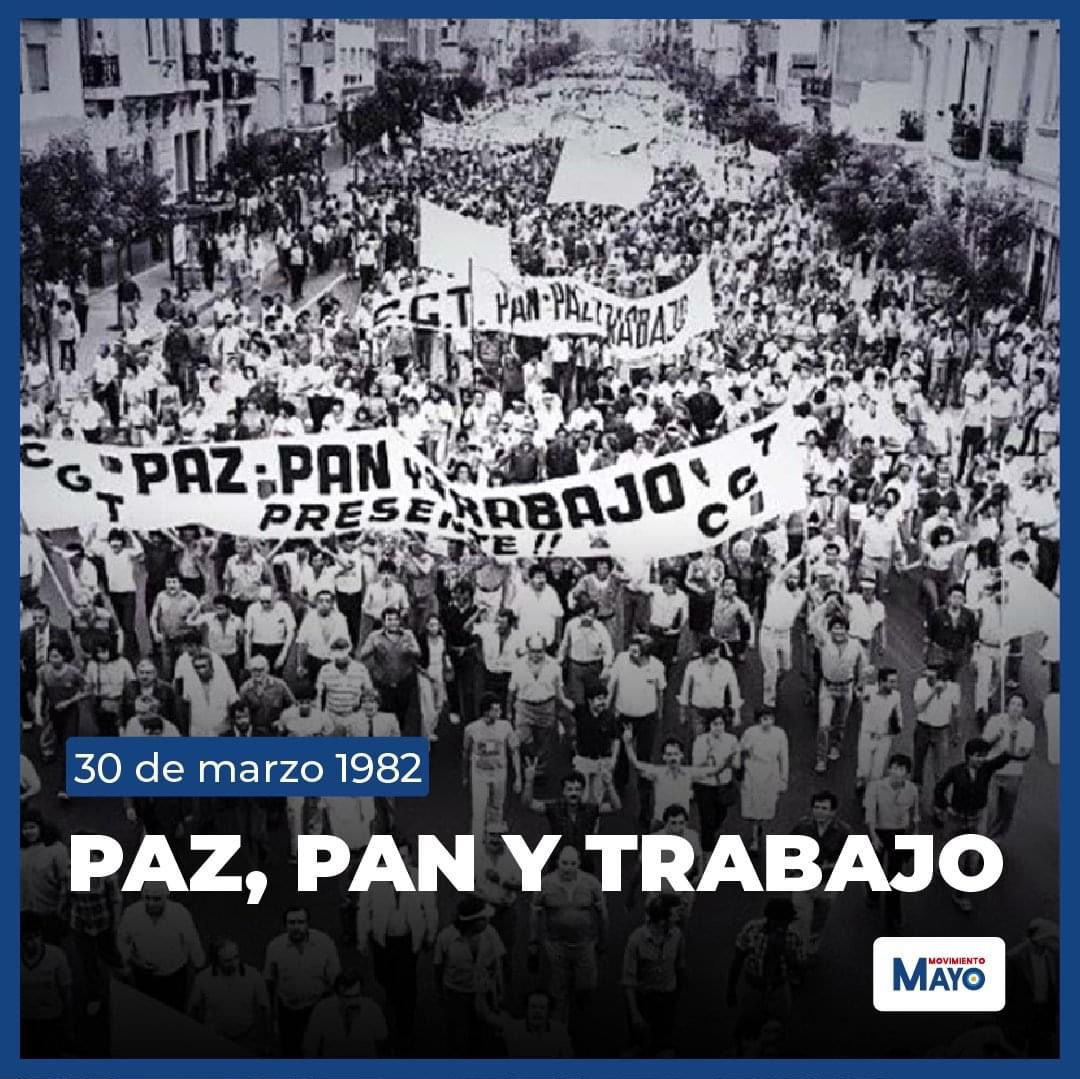 MayoMdp's tweet photo. Bajo la consigna “Paz, Pan y Trabajo”, les trabajadores con Saúl Ubaldini a la cabeza, protagonizaron la histórica marcha contra la dictadura cívico-militar el 30 de marzo de 1982. https://t.co/vSvAUv8kTU