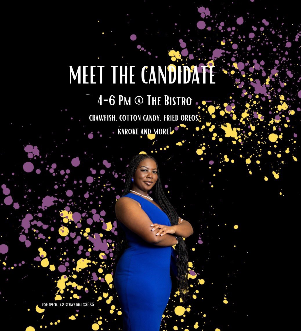 fvm0ustee_'s tweet image. Hey Panthers, 
Join us at the Bistro today from 4-5. They have crawfish, cotton candy, fried oreo and so much more available for purchase. Live DJ and karaoke as well! Come out and have a good time and meet one of the Chief Justice candidates!

#RoadtoChief
#SisiforPV
#PVElection