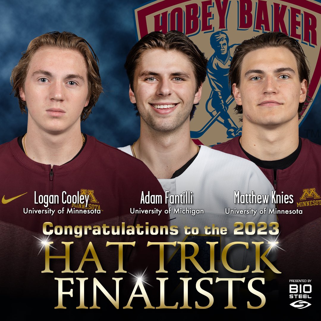 The Hobey Baker Memorial Award Committee is pleased to announce the three Hobey Baker Hat Trick finalists for the 2023 award, honoring college hockey’s top player. Alphabetically, they are: Logan Cooley, a freshman forward from the University of Minnesota; Hobeybaker.com/watch…
