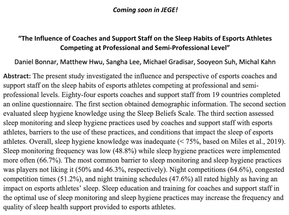 egaming_esports's tweet photo. This. Just. In.‼️

New research that studies the #sleep #habits of #esports athletes through an online questionnaire conducted of 48 #esports coaches and support staff from 19 countries. This study will help coaches &amp; support staff understand sleep education &amp; training. https://t.co/NEF06LKYmi