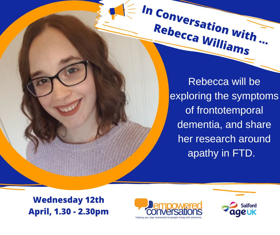 Sun is shining in Salford (well sort of!). Just wanted to share out next #InConversationwith ... We will be finding out more about #frontotemporal #dementia #ftd with @beccasue99 and her research around #apathy.  

To join us - us02web.zoom.us/webinar/regist…