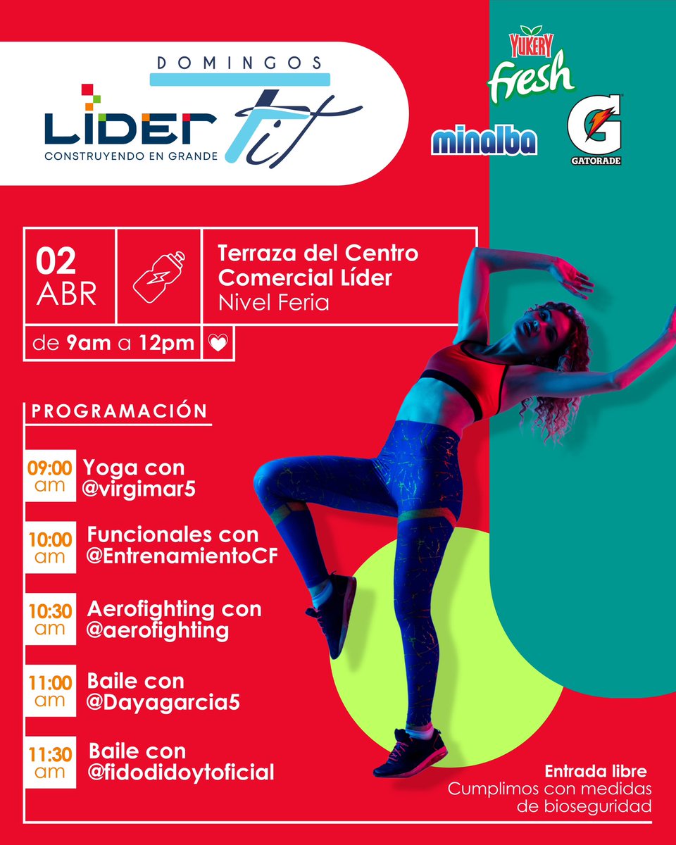 CCLIDER's tweet photo. Te esperamos este domingo desde las 9:00 am. Disfruta de una mañana de ejercicios totalmente GRATIS con tus #DomingoLíderFit 🧘♀️🏋♀🕺.
También estarán con nosotros #Minalba @Yukeryve y @GatoradeVzla https://t.co/T1r3vbf30J