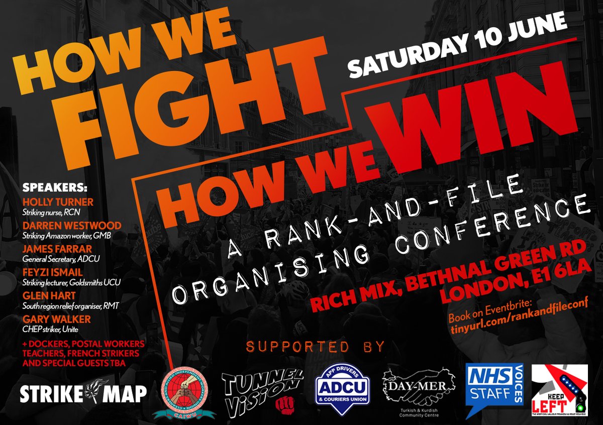 Good to see @strike_map supporting the How We Fight, How We Win Rank-and-File Conference on 10 June! Also backing are @caiwuunion @TunnelVisionRF @ADCUnion @daymercentre @NHSStaffVoices and speakers include @SocialistHB @jamesfarrar @phaisie @GlenJHart eventbrite.com/e/how-we-fight…
