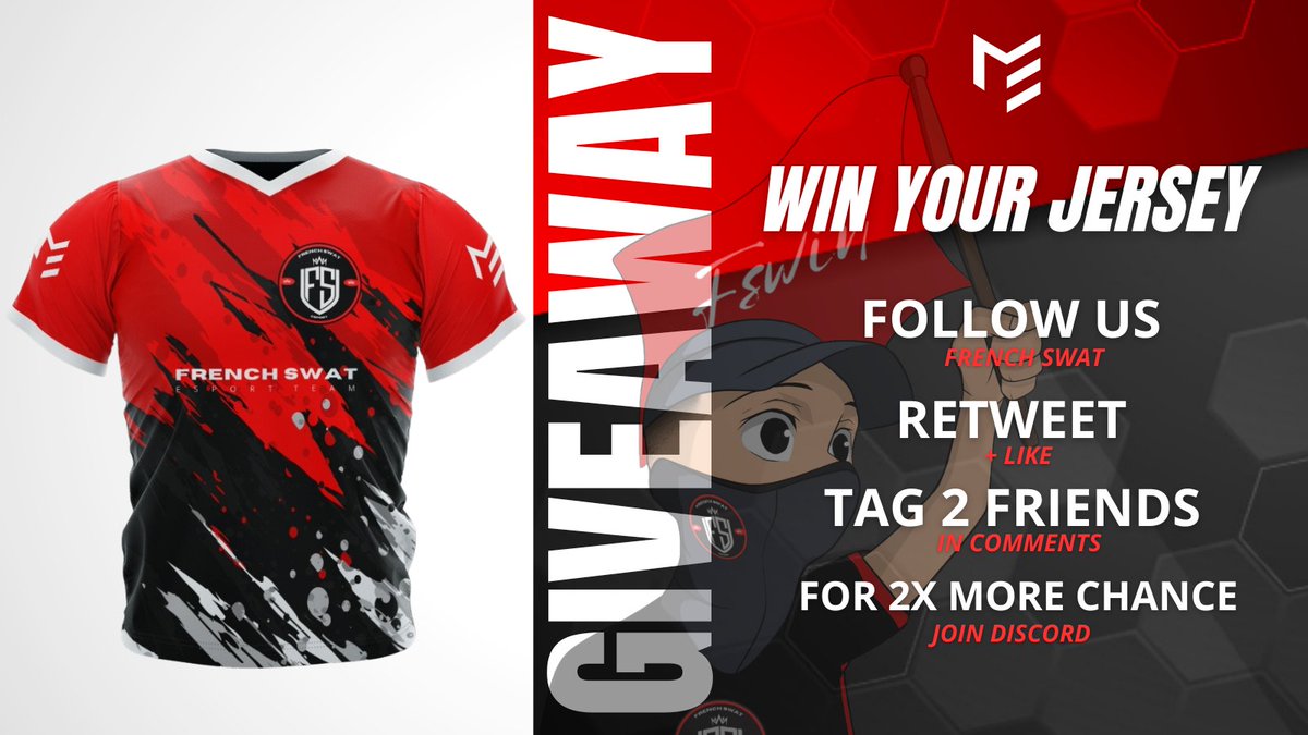 #ClashRoyale | #Giveaway 

🎁 Official Jersey (<a href="/LeMaillotEsport/">Le Maillot Esport 👕</a> )

❤️ Like &amp; Follow <a href="/French_Swat/">French Swat</a> 
🔄 RT 
🫂 @ Tag 2 Friends

🍀For 2x more chance of winning join the discord and react in the giveaway channel. discord.gg/frenchswat

#FSWIN 🔴⚫