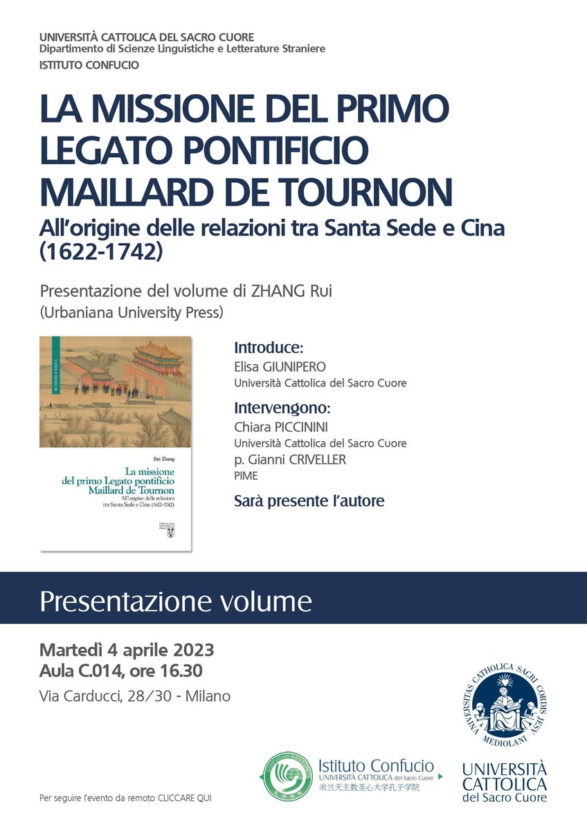 La missione di Maillard de Tournon in Cina (XVIII s.) fu il primo, burrascoso, contatto tra la Santa Sede e la Cina. L'esito infelice segnò una svolta drammatica nella controversia dei Riti cinesi. Ne parliamo all'Uni. Cattolica con Zhang Rui e le colleghe Giunipero e Piccinini