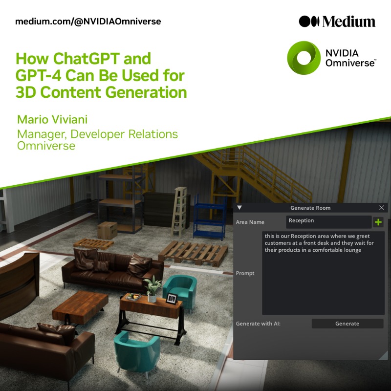 nvidiaomniverse's tweet photo. By combining @openAI's GPT-4 with #NVIDIAOmniverse DeepSearch, a smart #AI librarian, we were able to quickly develop a custom extension that retrieves #3D objects with simple, text-based prompts and automatically add them to a 3D scene. 🤝