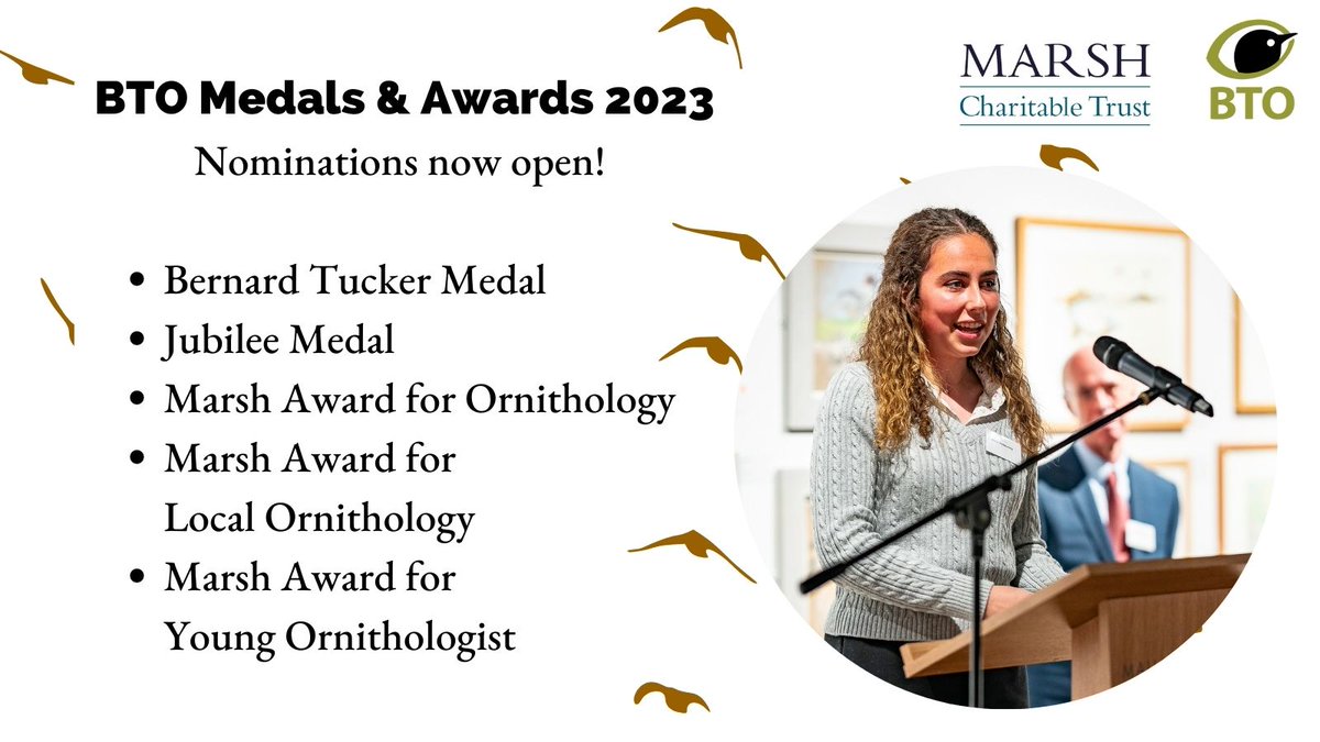 Nominate an ornithologist for the BTO Awards 2023! 🏆🥇 There are five categories to choose from, and you've got until 31 May to nominate someone for their outstanding contribution to ornithology 👉 bit.ly/3myYl3f @MarshAwards #Ornithology