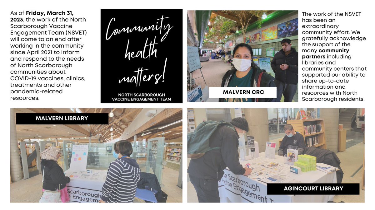 NorthScarbTO's tweet photo. The work of the NSVET over the past 2 years has been an extraordinary community effort. We gratefully acknowledge many partners including libraries and community centers that supported our ability to share up-to-date information &amp; resources w/ North Scarborough residents. https://t.co/JjB1GXxo0T
