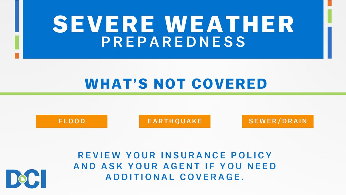 A standard homeowners and renters insurance policy doesn't protect your home or belongings from damage associated with floods, earthquakes, or sewer and drain backups. Review your plan and ask your agent if you need additional coverage. #SevereWeather #BePrepared