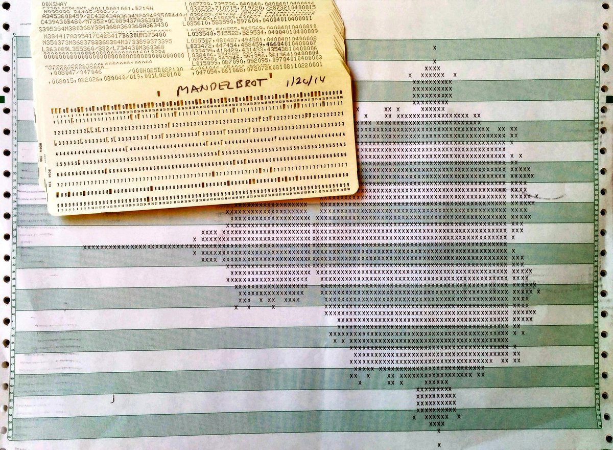 12- Minute Mandelbrot 

The card deck to generate the fractal on an IBM 1401 computer. The white stripe through the fractal near the right is where a hammer in the line-printer malfunctioned. 

By Ken Shirriff, <a href="/kenshirriff/">Ken Shirriff</a>, bit.ly/3Ki1Bys, Used with permission.