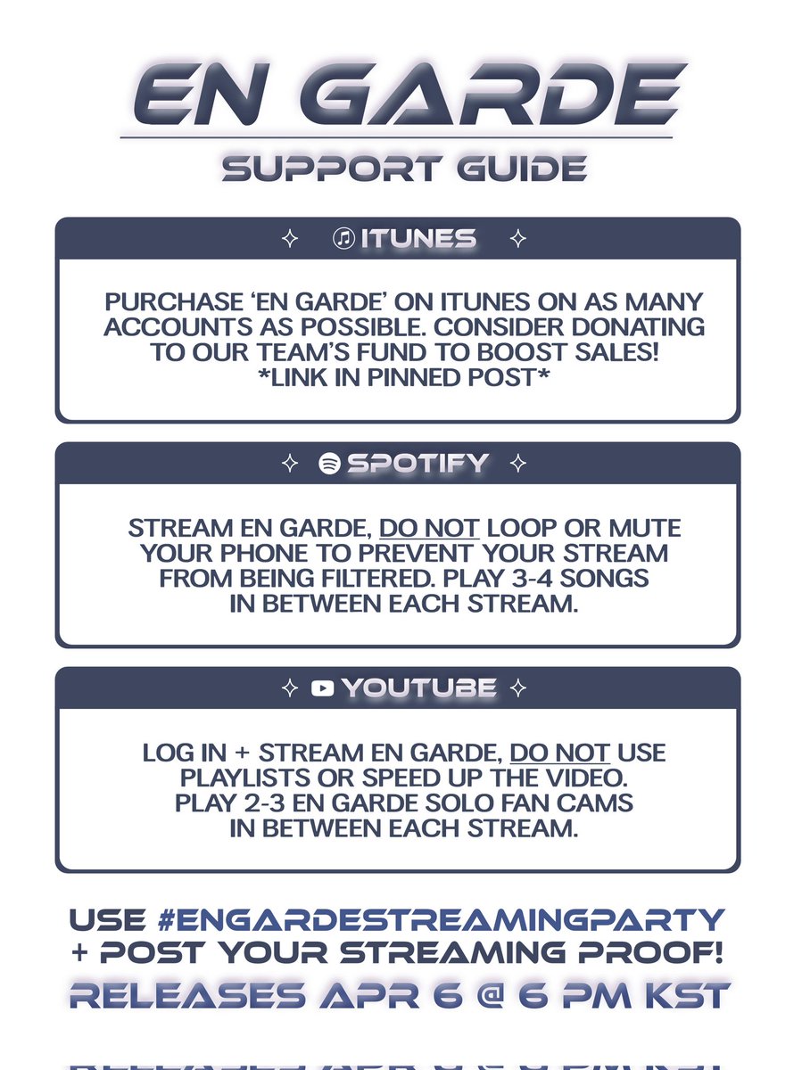 EnGardeTeam's tweet photo. 📢: GUIDANCE! En Garde Support Project. 

Instructions following the song release on 4/6, 6PM (KST):

💰 — Buy En Garde on iTunes.
⤷ DM us to receive funds (limited)

🎵 — Stream En Garde on YouTube, Spotify &amp; Apple Music.

#BOYSPLANET #ENGARDE 
#보이즈플래닛 #앙가르드 https://t.co/S3ebrgGFoc