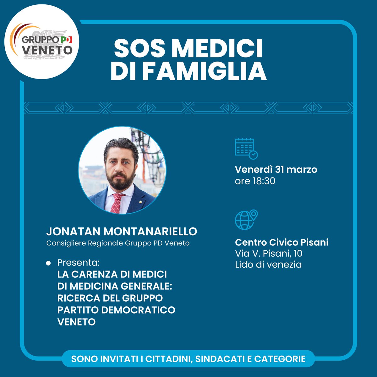 RubenStrozzi's tweet photo. Domani 31/03 alle 18:30 al Centro Vettor Pisani al Lido la presentazione della ricerca SOS Medici di famiglia con Jonatan Montanariello https://t.co/JEzYQqEmq3