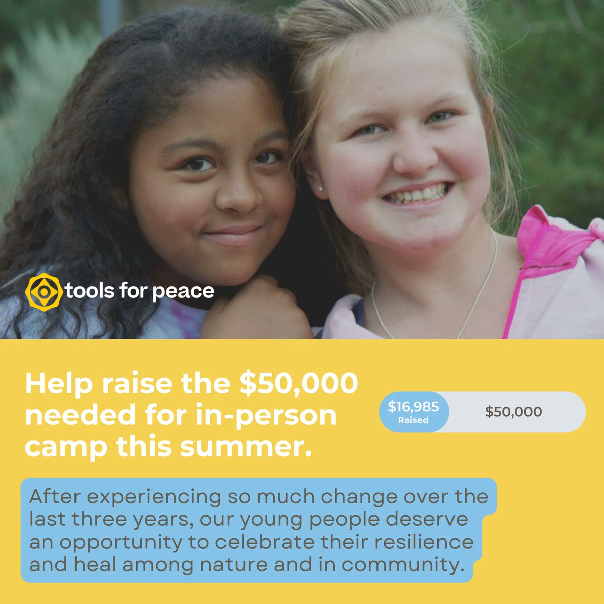 From set-back to come-back, we are celebrating our resilience! With your help, we can raise the $50,000 needed for in-person camp this summer. Donate at toolsforpeace.org/summer-teen-ca….
