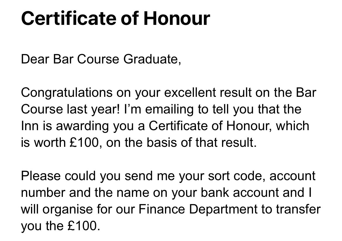 I received this email the other day. My imposter syndrome had me emailing my Inn asking whether it was a scam. 

It isn’t and it’s very kind of them. I should probably be kinder to myself…