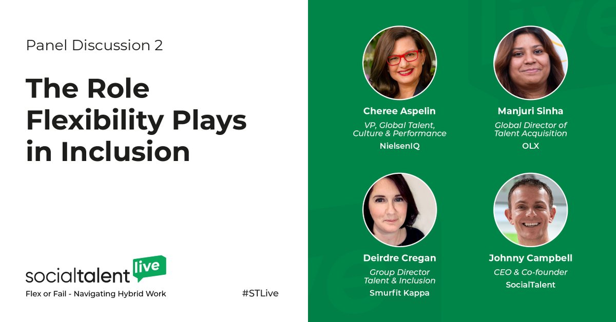 SocialTalent: And it’s time for our final panel of #STLive on flexible work and inclusion 💡

Join Cheree Aspelin, VP, Global Talent at <a href="/NielsenIQ/">NIQ</a>,  Deirdre Cregan the Group Director of Talent &amp; Inclusion at <a href="/smurfitkappa/">Smurfit Westrock</a>, and <a href="/manjuris/">Manjuri Sinha</a>, the Global Di…