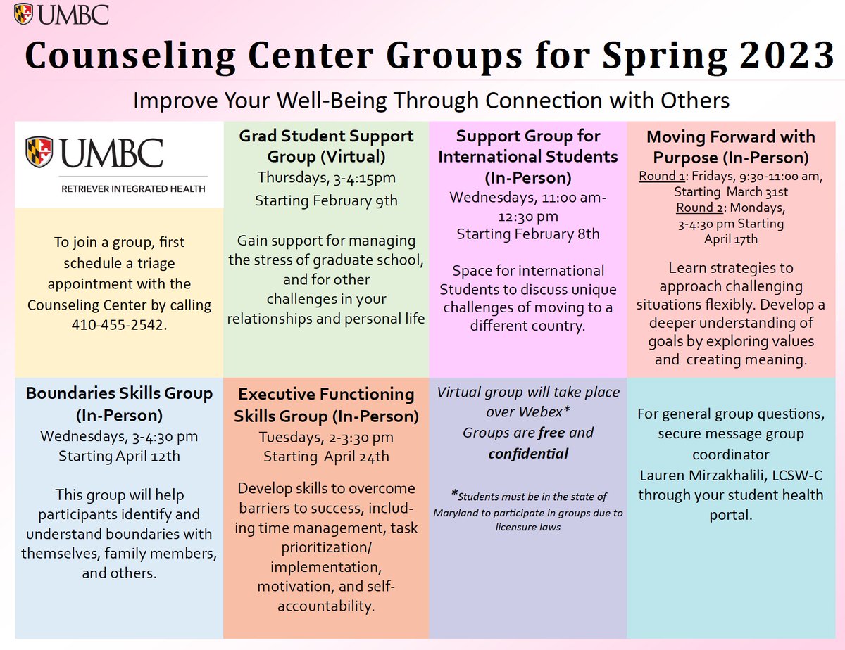 Group counseling services at RIH/Counseling Center are available for undergrad and grad students. All will be in person except the graduate student support group. The first step for a student to join a group is to complete a brief triage appointment by calling RIH (410-455-2542).