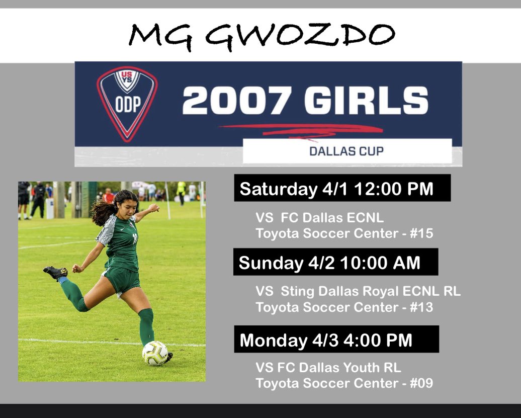 mg (@mggwozdo) on Twitter photo My schedule for Dallas Cup! So exited to represent the ODP 2007 National Team!! <a href="/OsborneSoccer/">Gail Osborne</a> @usamtpleasant <a href="/usysodp/">US Youth Soccer ODP</a> <a href="/TopDrawerSoccer/">TopDrawerSoccer</a> <a href="/PrepSoccer/">Prep Soccer ⚽️</a> <a href="/ImYouthSoccer/">ECNL/GA/Recruiting/College Soccer</a> <a href="/TheSoccerWire/">SoccerWire</a> My schedule for Dallas Cup! So exited to represent the ODP 2007 National Team!! <a href="/OsborneSoccer/">Gail Osborne</a> @usamtpleasant <a href="/usysodp/">US Youth Soccer ODP</a> <a href="/TopDrawerSoccer/">TopDrawerSoccer</a> <a href="/PrepSoccer/">Prep Soccer ⚽️</a> <a href="/ImYouthSoccer/">ECNL/GA/Recruiting/College Soccer</a> <a href="/TheSoccerWire/">SoccerWire</a>