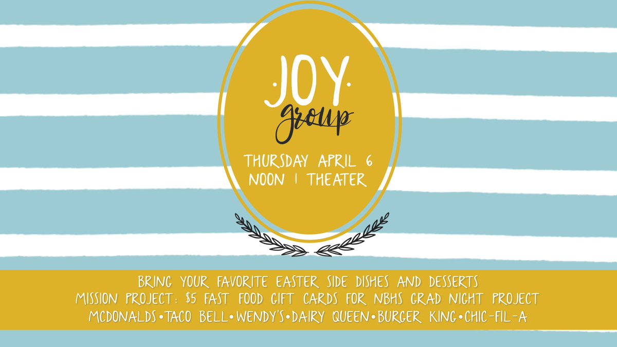 LittleFlock1810's tweet photo. If you are 55 and over, join us for JOY Group! Our next gathering will be Thursday, April 6th at Noon in the Theater. Bring your favorite Easter side dishes and desserts. Our mission project is $5 fast food gift cards (McDonalds, Taco Bell, Wendys, Dairy Queen, Burger King, C.... https://t.co/BkNEhjIm3r
