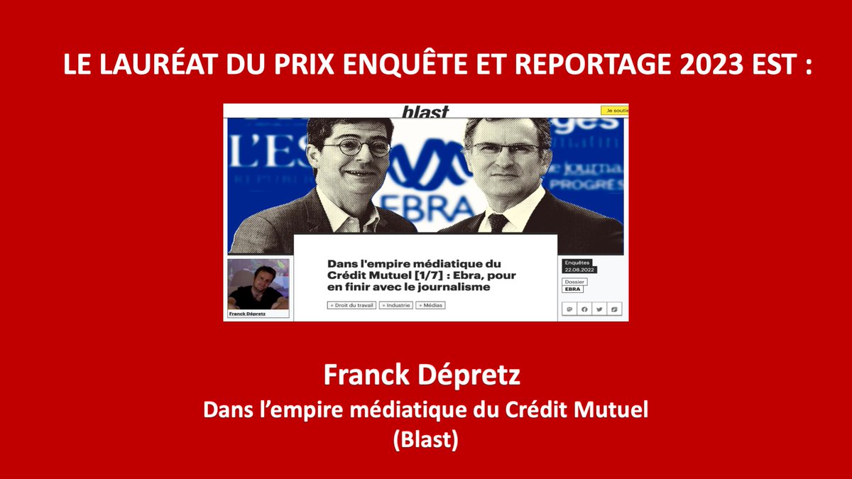 🏆 Bravo à Franck Dépretz, lauréat du prix Enquête et reportage 2023 des Assises pour le sujet 'Dans l'empire médiatique du Crédit Mutuel' @blast_france  #AJTours