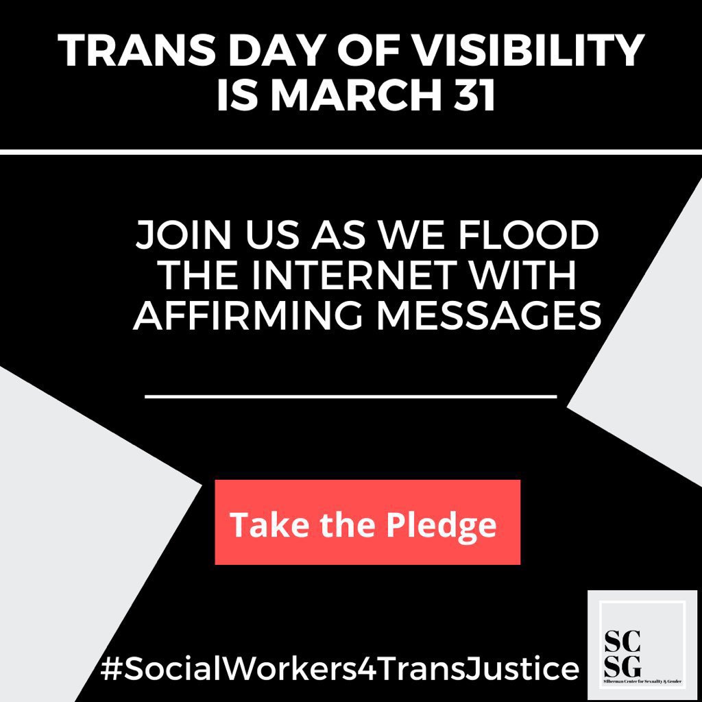 We're 100% with @SCSG_SSSW and people throughout the world in sharing messages of love and support TOMORROW's #TransDayOfVisibility. Join us! Take the pledge: bit.ly/scsgtdov23 to receive info/instructions #SocialWorkers4TransJustice