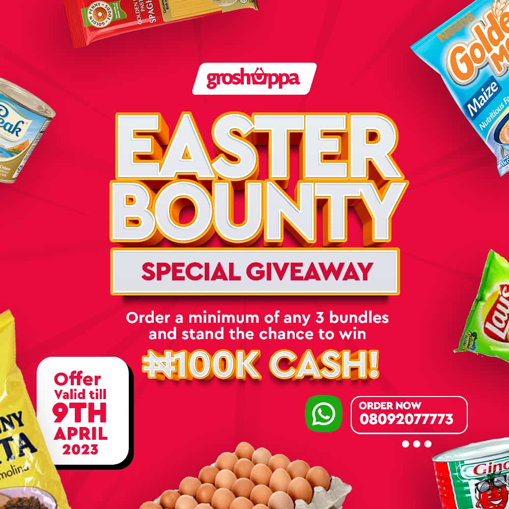mygroshoppa's tweet photo. 🎉 EASTER GIVEAWAY ALERT 🎉

Buy any of our Budget Bundles 3 times or more from our WhatsApp store between March 29th - April 9th, 2023 &amp; you could WIN a N100,000 bundle! 🤑

Start shopping on our WhatsApp store at +2348092077773 🐣🍫

#Groshoppa #BudgetBundles #EasterGiveaway https://t.co/B3EX5AgfBA