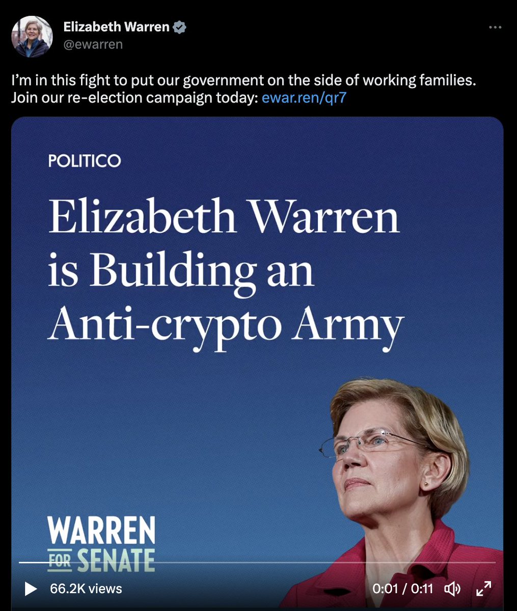 Elizabeth Warren believes this branding is strategic because:

1) wayyy more money advocating against crypto than for it

2) crypto is viewed negatively / neutrally by enough people she can attack it w/o losing many votes

Our industry needs to work together to fix 2