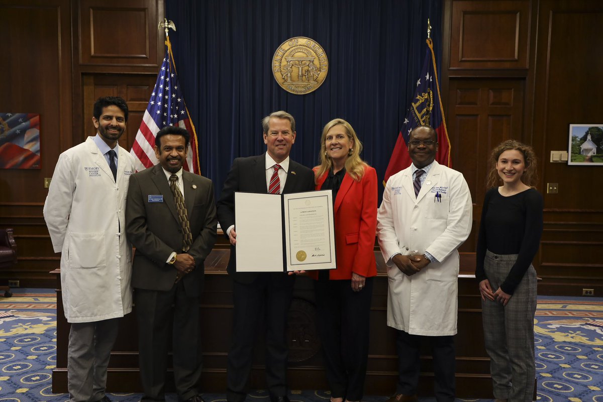 WinshipAtEmory's tweet photo. Winship physicians Pretesh Patel, MD, and Olatunji Alese, MD, with Emory colleague Indran Indrakrishnan, MD, joined Gov. Brian Kemp at the state capitol on March 29 to recognize March as #ColonCancer Awareness Month. (Photo credit: Office of the Governor) #CRCAM https://t.co/2NYtuxAgZB