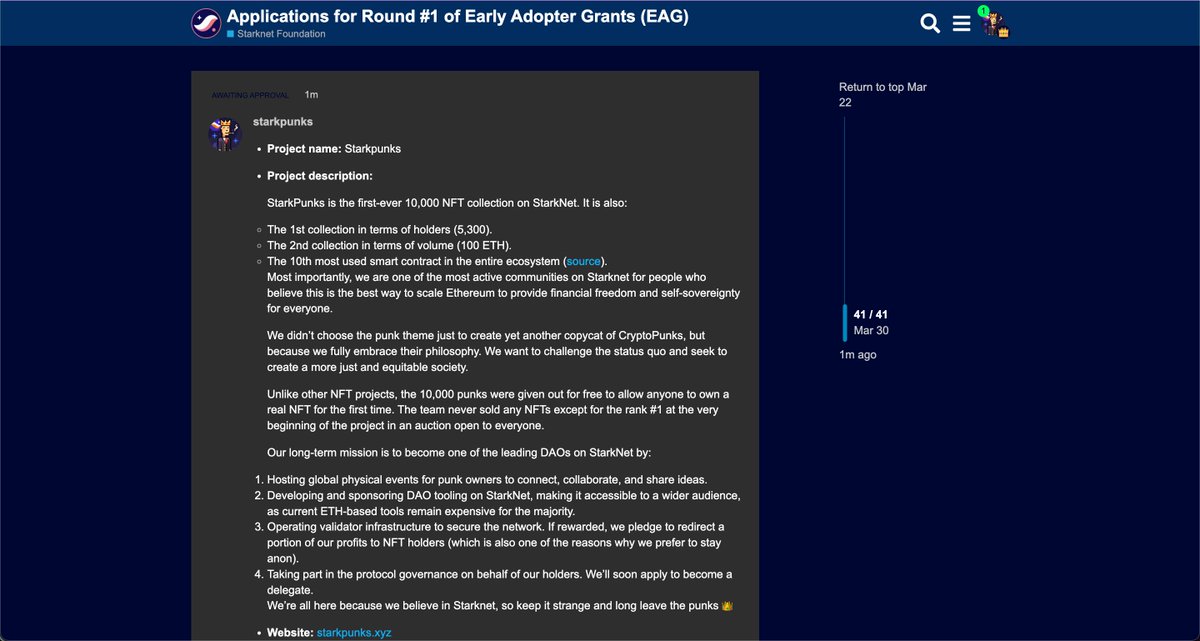 starkpunks_nft's tweet image. Good news, our application is now awaiting upon reviewal again 💪

Thanks @StarknetFndn!