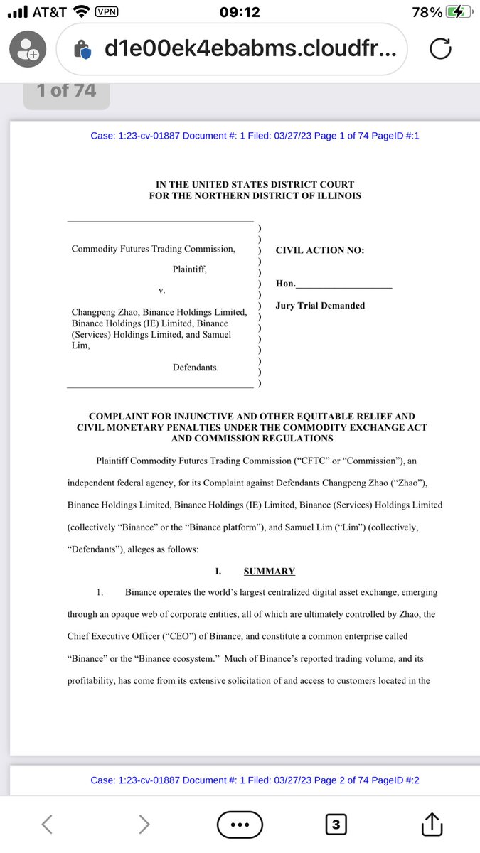 CFTC civil lawsuit against Binance. It’s 74 pages long but you can go to Crypto Banter’s utube show from Ran on 03/29/2023 who explains the main points.