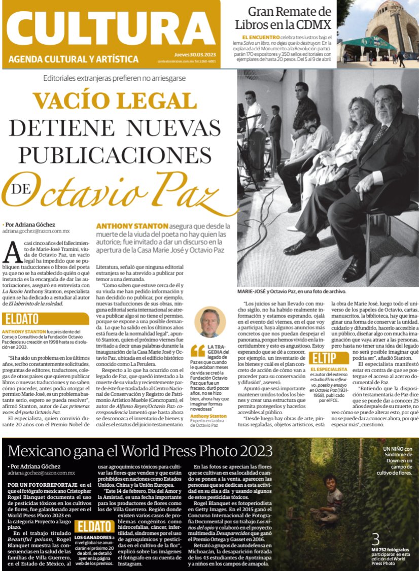 Adriana Góchez (@adigochez) on Twitter photo Platiqué con Anthony Stanton acerca del legado de Octavio Paz. Además encontrarán que <a href="/RogelBlanquet/">C. Rogel Blanquet</a> fue galardonado en el @worldpressphoto
Diseño: @sopesconpollo
Links:
razon.com.mx/cultura/vacio-…
razon.com.mx/cultura/mexica… Platiqué con Anthony Stanton acerca del legado de Octavio Paz. Además encontrarán que <a href="/RogelBlanquet/">C. Rogel Blanquet</a> fue galardonado en el @worldpressphoto
Diseño: @sopesconpollo
Links:
razon.com.mx/cultura/vacio-…
razon.com.mx/cultura/mexica…
