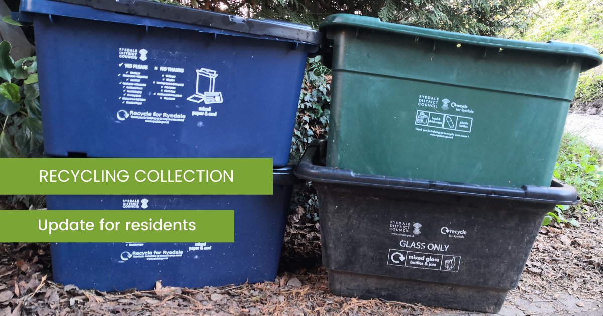 We have not been able to collect the recycling from Heathercroft, Whitby Road in Pickering and Ryton Rigg  today.  Please leave your boxes out for collection tomorrow.

Apologies for any inconvenience caused.