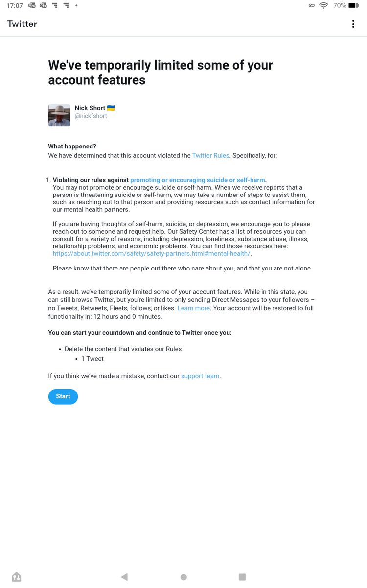 nfshort's tweet photo. The latest Twitter lunacy. I'm now locked out of my main account for telling someone who asked that I had an Amazon delivery of 'r**or blades.'  Twitter seems to think I'm promoting suicide. See you in twelve hours! https://t.co/NKPcgEGBoe