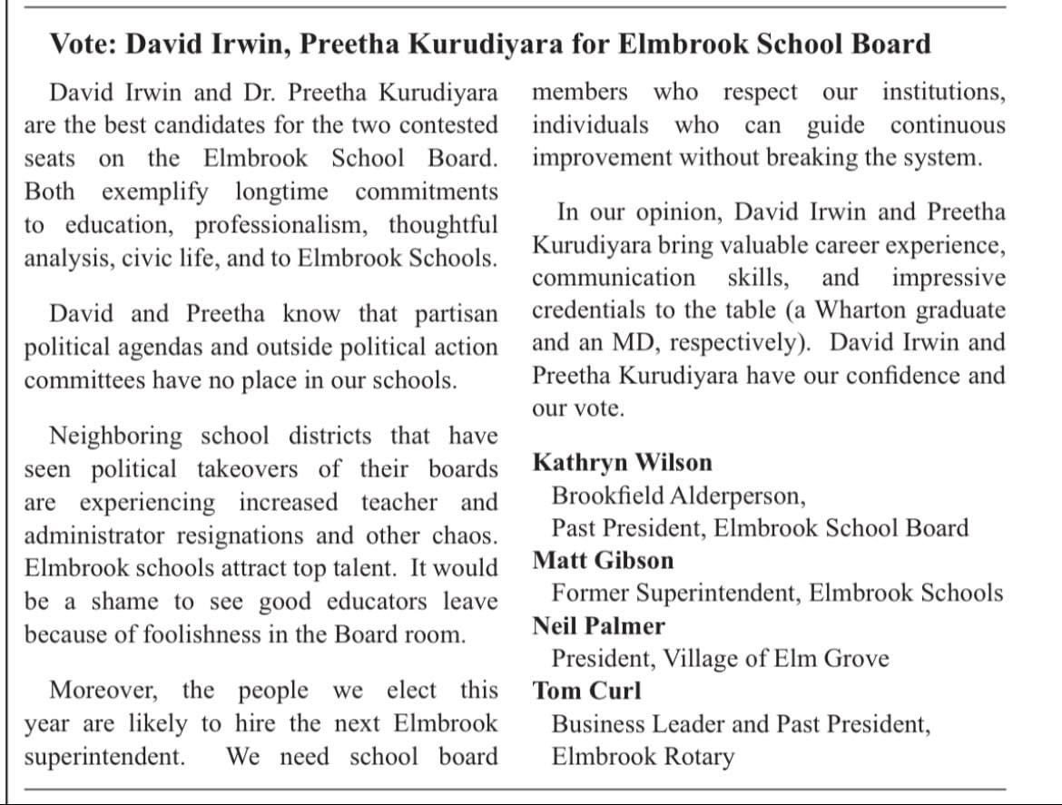 Preeth4Elmbrook's tweet photo. My children ATTEND @ElmbrookSchools, my campaign is NONPARTISAN, and I have CURRENT experience. 
Join local leaders and vote April 4 for school board leadership that is relevant and invested in our public schools. #preetha4elmbrook https://t.co/mxKtDI3H0q