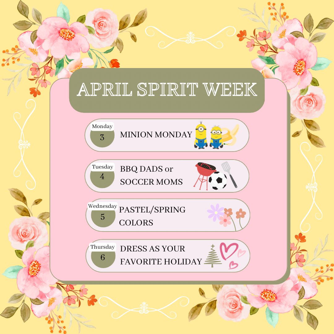 We’re gearing up for Spring Break. Let’s celebrate with a SPIRIT WEEK! Share your photos with us on Instagram and Twitter <a href="/bths_sga/">BTHS SGA</a>