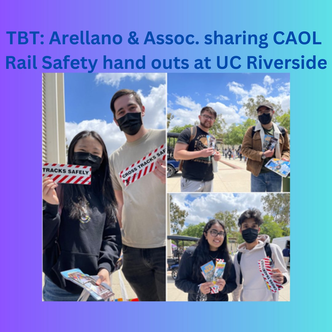 CAOpLifeSaver's tweet photo. TBT 2022: Thank you to our partners @ArellanoAssoc for sharing our @CAOpLifeSaver #RailSafety handouts while at the UC Riverside Campus for Earth Day. Many of their staff are part of our CAOL Authorized Presenter Team @TheRCTC #RespectTheRails  #RaisingAwareness #SaveLivesTell5 https://t.co/wmsh5HxqXv