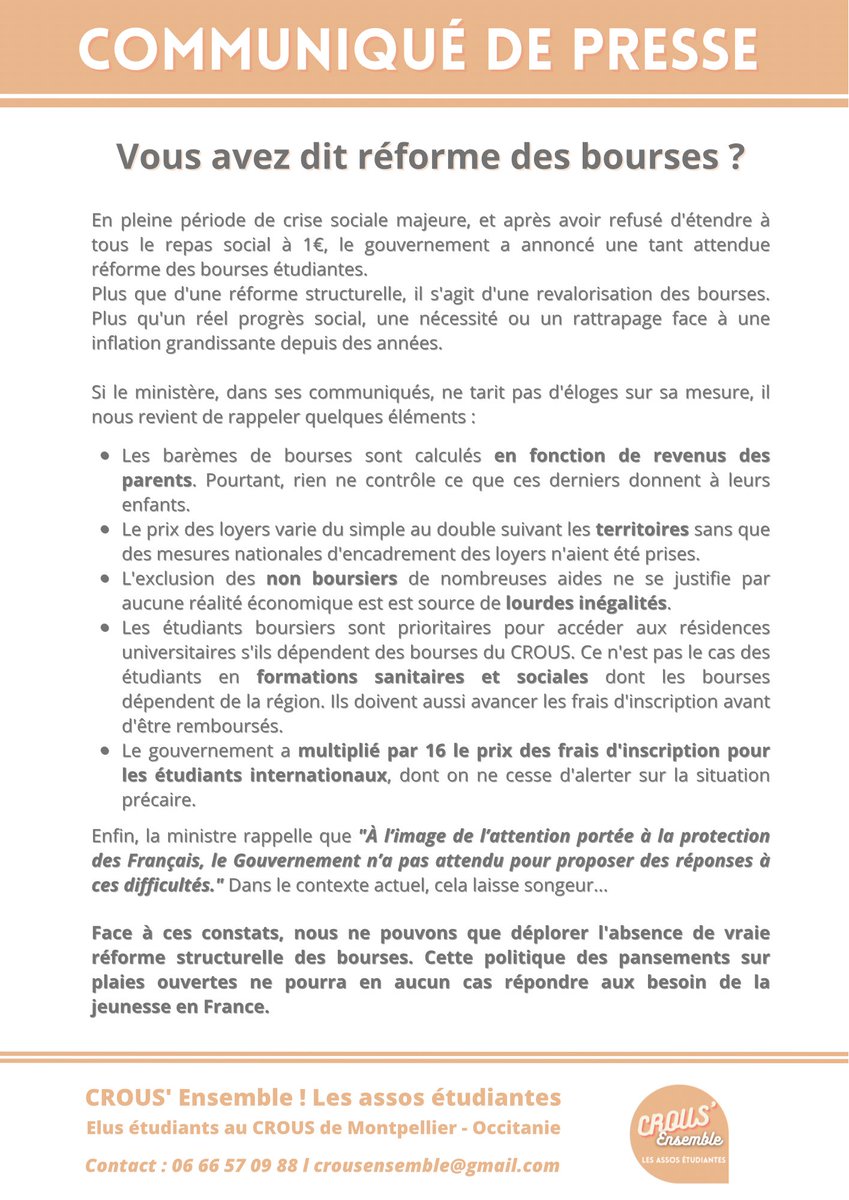 Réforme des bourses ?

Plutôt une revalorisation nécessaire compte tenu de l’inflation.

Mais panser la plaie ouverte de la précarité étudiante avec un sparadrap, ce n’est plus suffisant.

Nous le redisons, une réforme structurelle du système de bourse est une nécessité absolue.