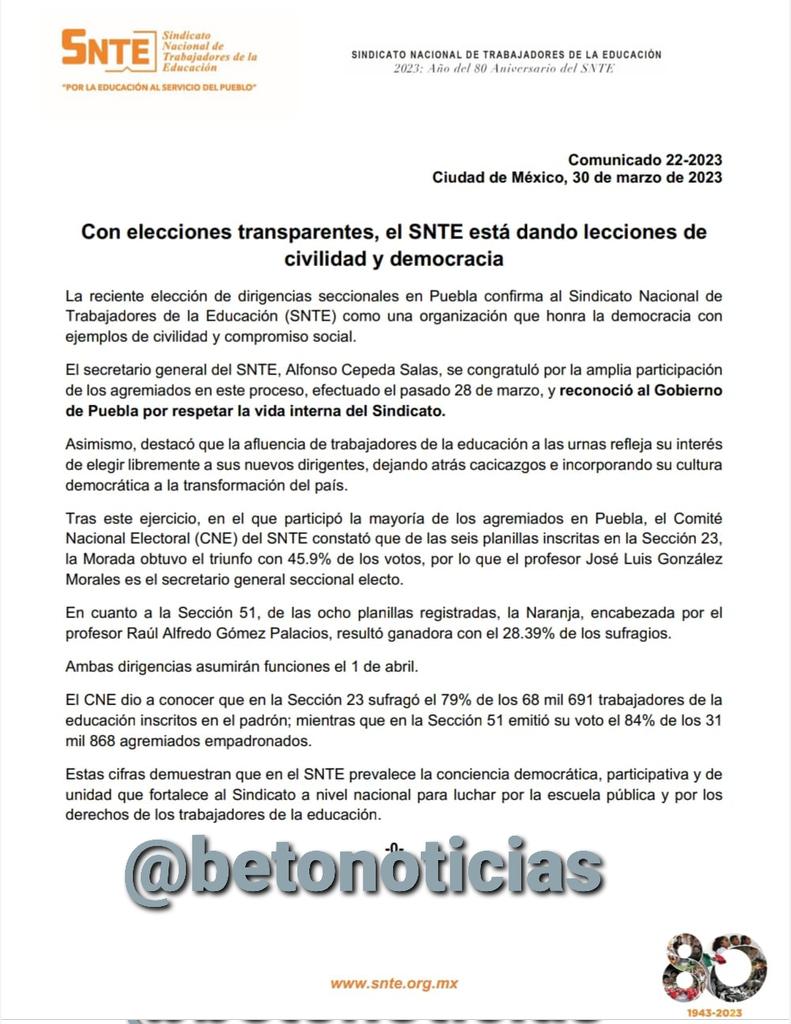 #SNTEdemocrático #SNTE
El @SnteNacional reconoce la lección cívica al elegir democráticamente, mediante voto libre, directo, secreto y universal a sus nuevas dirigencias de la @SNTE_Seccion_23 y @ComSnte51 en #Puebla
#SNTEfuerte #SNTEunido