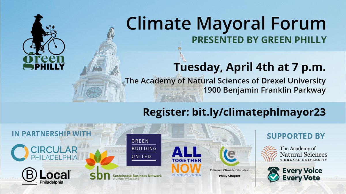 Green Philly (@greenphilly_) on Twitter photo 📣How will Philadelphia mayoral candidates prioritize climate change?
Join the Climate Mayoral Forum presented by <a href="/greenphillyblog/">greenphillyblog</a> on 4/4 at <a href="/AcadNatSci/">Academy of Natural Sciences</a> to discuss these crucial issues: bit.ly/climatephlmayo… <a href="/VoiceVotePhilly/">Every Voice, Every Vote</a> 📣How will Philadelphia mayoral candidates prioritize climate change?
Join the Climate Mayoral Forum presented by <a href="/greenphillyblog/">greenphillyblog</a> on 4/4 at <a href="/AcadNatSci/">Academy of Natural Sciences</a> to discuss these crucial issues: bit.ly/climatephlmayo… <a href="/VoiceVotePhilly/">Every Voice, Every Vote</a>
