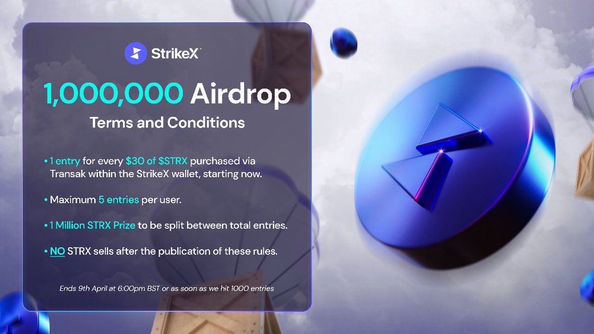 TradeStrikeBVI's tweet image. The StrikeX 2nd anniversary #Airdrop is officially live! See T&amp;amp;C's below on how to participate in our 1M STRX airdrop 🤑

Minimum prize of 1000 STRX per entry! Don't miss out 👀

#StrikeX #2years #ForThePeople