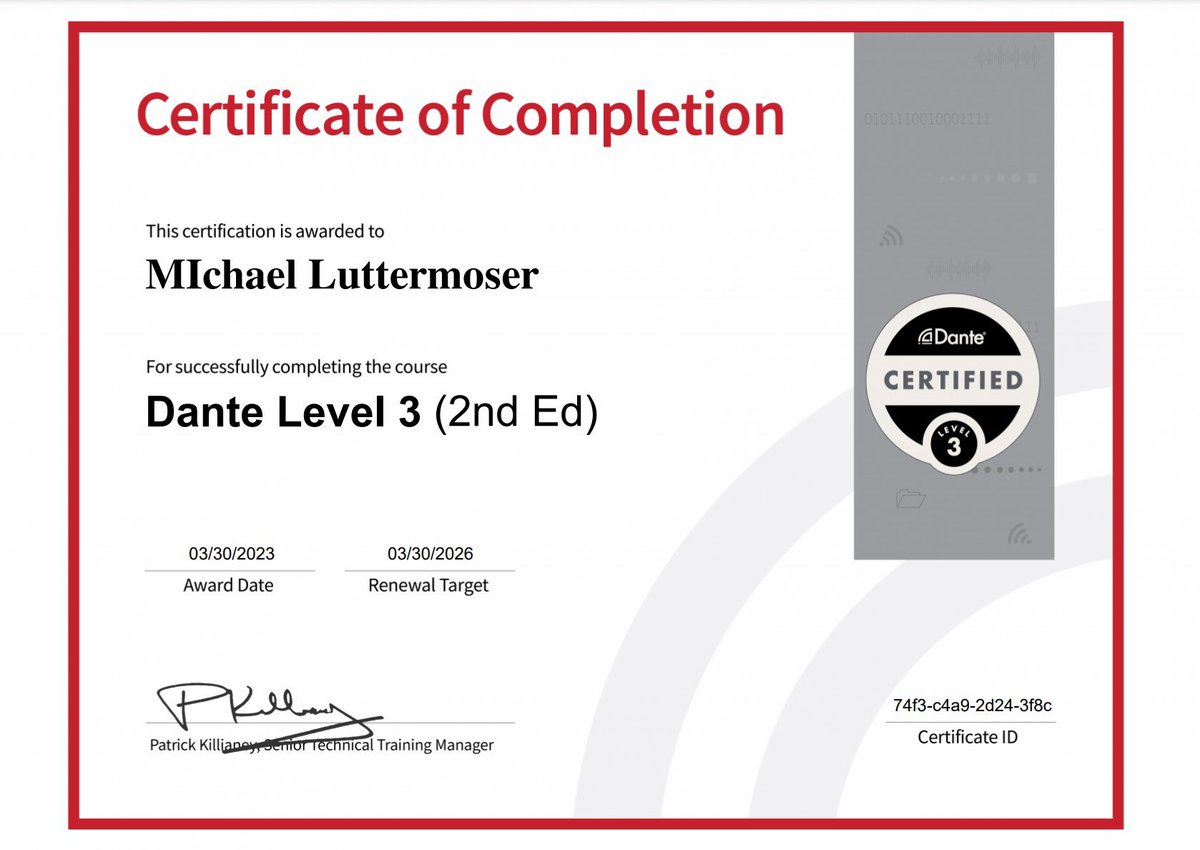 I’m happy to share that I’ve obtained a new certification: Dante Level 3 (2nd Ed) from @Audinate #dante #danteav