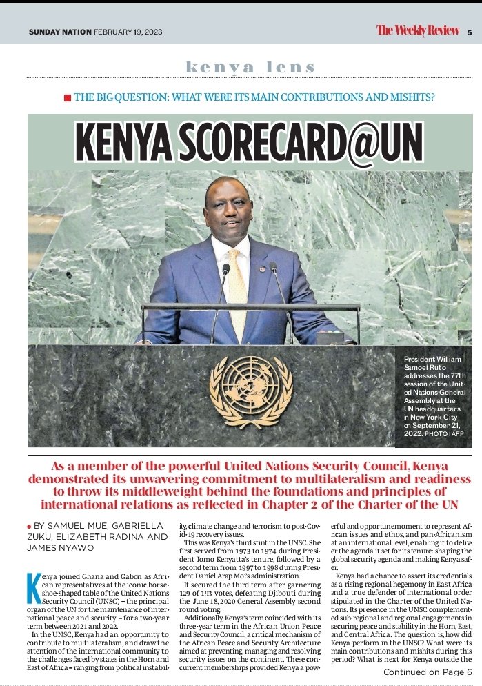 Published an article on <a href="/NationMediaGrp/">Nation Media Group</a> critiquing Kenya’s term at the <a href="/UN/">United Nations</a> Security Council that was guided by the spirit of #mumultilateralism that was echoed by <a href="/WilliamsRuto/">William Samoei Ruto, PhD</a> during his inaugural speech at #UNGA
 <a href="/ForeignOfficeKE/">State Department for Foreign Affairs | Kenya</a> <a href="/AmbMKimani/">Martin Kimani</a>
Read more👇🏽
nation.africa/resource/blob/…