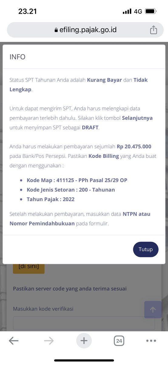 daraminang's tweet photo. @kring_pajak Min, gara2 ada tambahan pajak natura sy hrs jd pembetulan SPT. Statusnya kurang bayar 20jutaan dan sdh dibayar. Nomor NTPN sdh diupdate di formulir, tp knp sejak tgl 29Maret ga bisa2 klik "kode verifikasi"? Muncul begini terus https://t.co/gGBpxn6Lvu