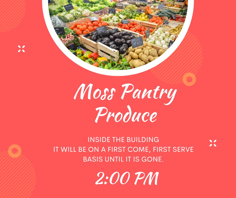 CCMossFW's tweet photo. Parents:
We have received fresh produce from a donation from Foodland in partnership with Blue Zones. It will be available at 2:00  pm until it is gone. We have a variety of fruits and vegetables. Check in at the front office when you enter. We look forward to seeing you. https://t.co/Oqtza07f5P
