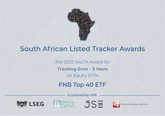 ETFSA's tweet photo. Congratulations @FNBSA FNB Top 40 #ETF #FNBT40 winner in the #SALTA2023 Tracking Error - 3 Years - SA Equity ETPs category @profilegroupza @JSE_Group @LSEGplc @ETFSA https://t.co/4AFt0q9Ktt