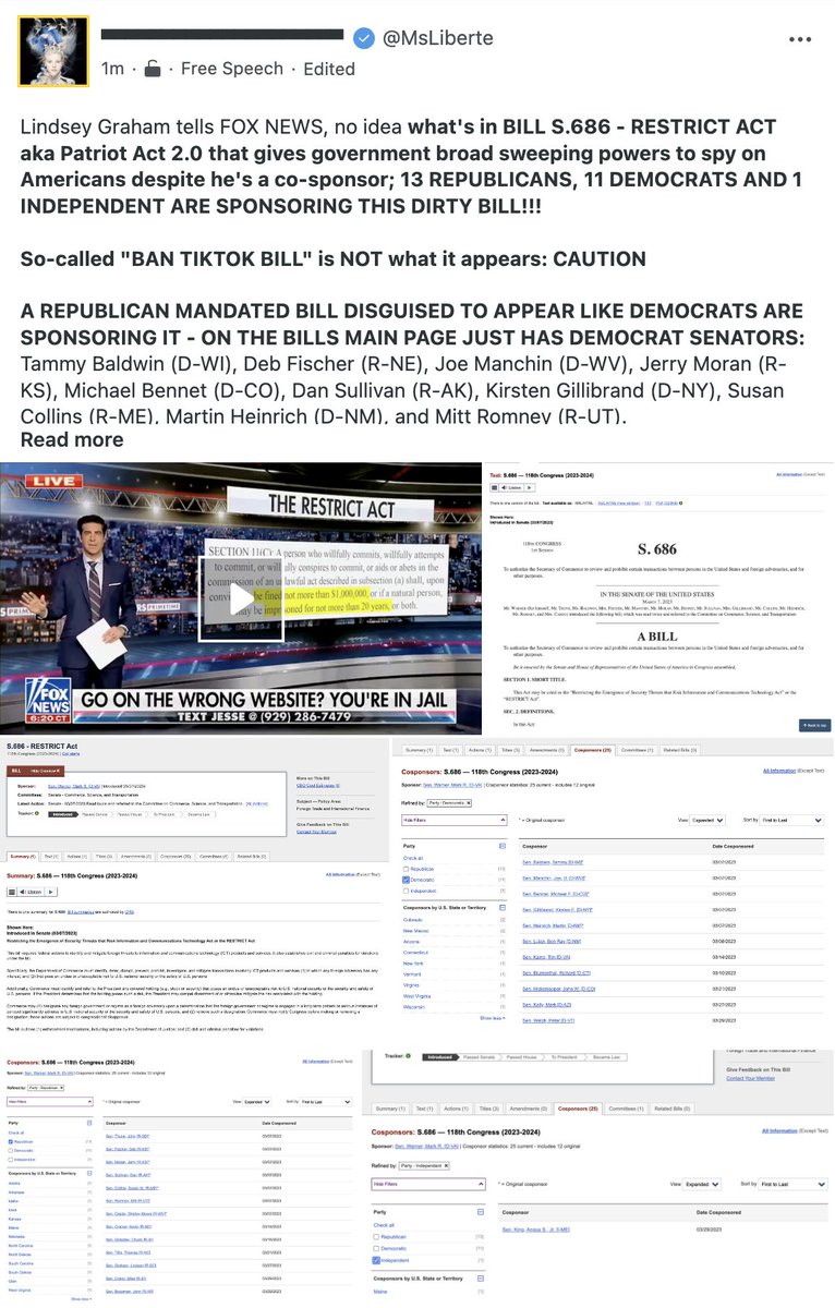 EtiamDeus's tweet photo. So-called "BAN TIKTOK BILL" is NOT what it appears: 

CAUTION🚨 ALERT

BILL S.686 - RESTRICT ACT / Patriot Act 2.0 GIVES GOVERNMENT SWEEPING POWERS TO SPY ON AMERICANS 
- 13 REP
- 11 DEM
- 1 IND
SPONSORING #DirtyBill !!! 🚨

https://t.co/tFOQ6S1dhq https://t.co/8nrWrQSCIq
