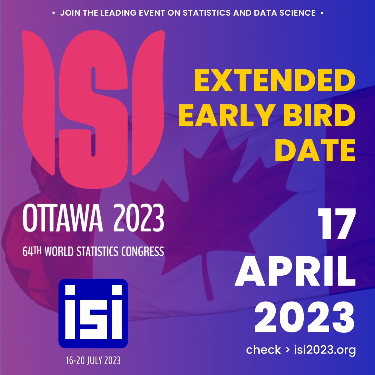 isi_wsc's tweet image. WSC Early Bird registration deadline extended by 2 weeks (17 April 23) due to popular demand!
We hope this will give everyone a chance to take advantage of the early bird rate and join us for our event.

You can register at: isi2023.org

#isiwsc #wsc2023 #Statistics