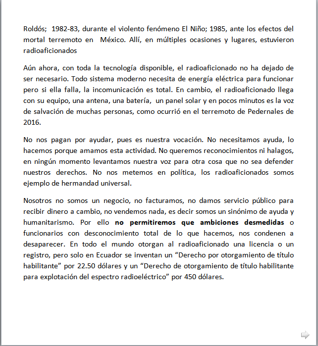La ingratitud hoy castiga al radioaficionado ecuatoriano. 
Radio amateurs in Ecuador are on the way to disappearing.
<a href="/conniehunterdg/">Conni-e</a>
 <a href="/GyeRadioClub/">Guayaquil Radio Club</a>
 <a href="/Arcotel_ec/">Arcotel Ecuador</a>
 <a href="/IARU_R2/">IARU Region 2</a>
 <a href="/eluniversocom/">El Universo</a>
 <a href="/elcomerciocom/">El Comercio</a>
 <a href="/Expresoec/">Diario Expreso</a>
 <a href="/Telecom_Ec/">Ministerio de Telecomunicaciones Ecuador 🇪🇨</a>
 <a href="/ManabiRadioClub/">ManabiRadioClub</a>
 <a href="/DX_World/">DX World.net</a>
 <a href="/arrl/">ARRL</a>
<a href="/ure_es/">Unión de Radioaficionados Españoles</a>