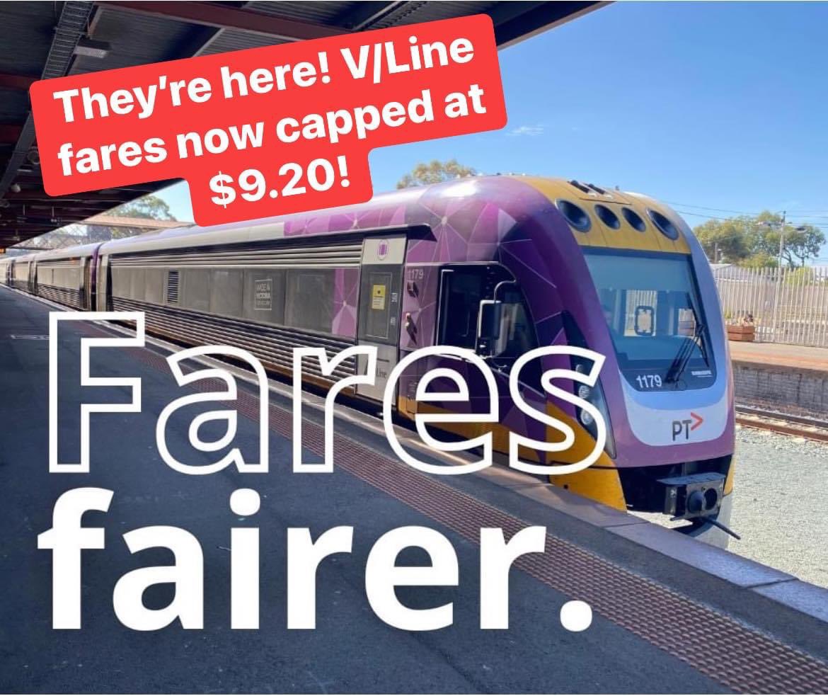 🚊 Today’s the day - fairer fares are here for regional Victoria! 
 
🚌 Cheaper fares are here, to bring regional Victoria into line with metro prices. 

🚆 You can now catch the train or V/Line buses capped at $9.20 for a full fare or $4.60 for a concession.
 
#gippsnews