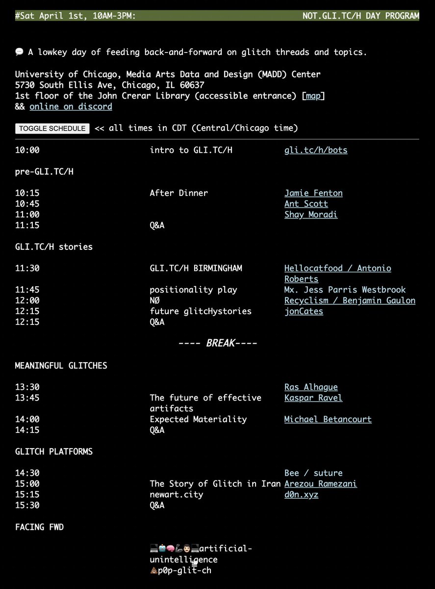 A TENTACULAR SCHEDULE 🦑 👾  IS NOW AVAILABLE ON THE WEBSITE. 
Via the toggle buttons, you can find more information. Here is a screengrap of the presentation schedule, also take a look at the open ports and the performances ! not.gli.tc/h/schedule/ 🦖