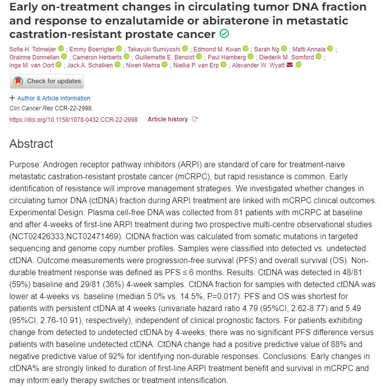 Alex Wyatt (@researchwyatt) on Twitter photo In our new paper in <a href="/CCR_AACR/">Clinical Cancer Research</a>: plasma ctDNA% in pts with mCRPC after 4 wks of abi/enza tx inform on subsequent duration of response (outperforming clinical variables). Can on-treatment ctDNA changes guide an early treatment switch or intensification? aacrjournals.org/clincancerres/… In our new paper in <a href="/CCR_AACR/">Clinical Cancer Research</a>: plasma ctDNA% in pts with mCRPC after 4 wks of abi/enza tx inform on subsequent duration of response (outperforming clinical variables). Can on-treatment ctDNA changes guide an early treatment switch or intensification? aacrjournals.org/clincancerres/…